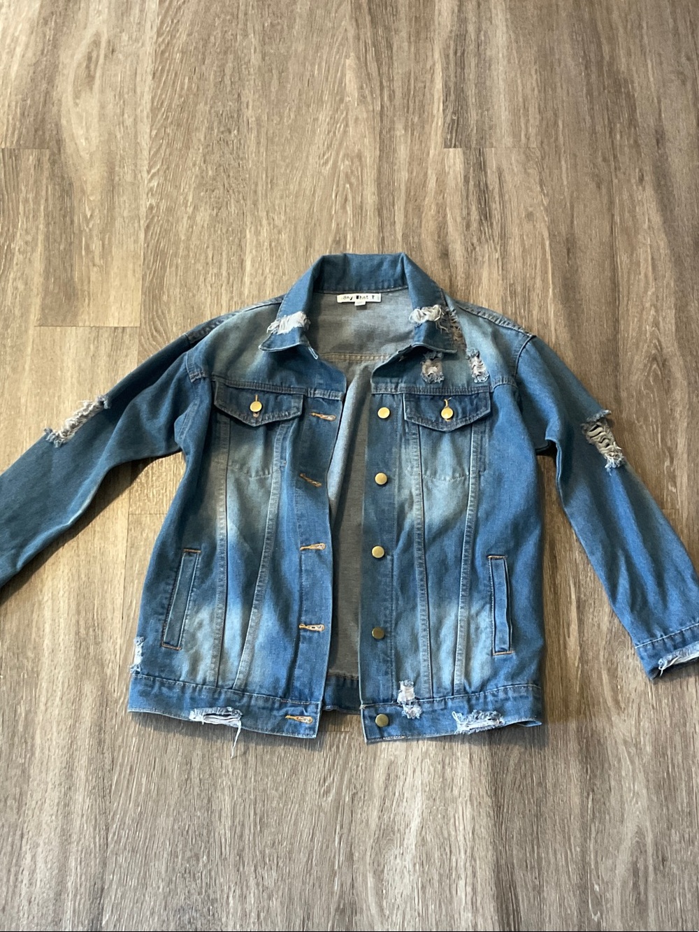 Over sized Say What? Distressed Light Blue Denim Jacket with Gold Buttons